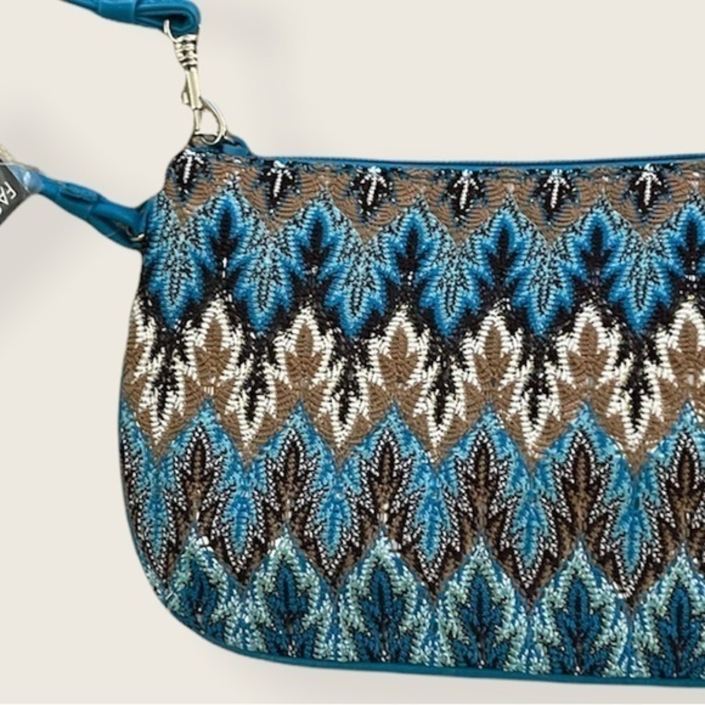 NWT 9” Small Shiny Beaded‎ Look Day to Night Clutch Bag in blue brown white tan - Picture 3 of 3
